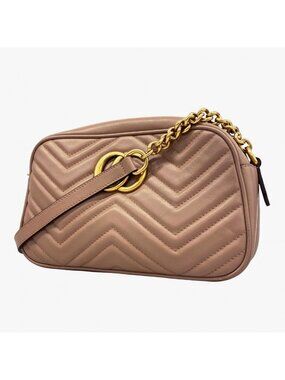 Gucci Shoulder Bag GG Marmont Leather Pink Beige Gold